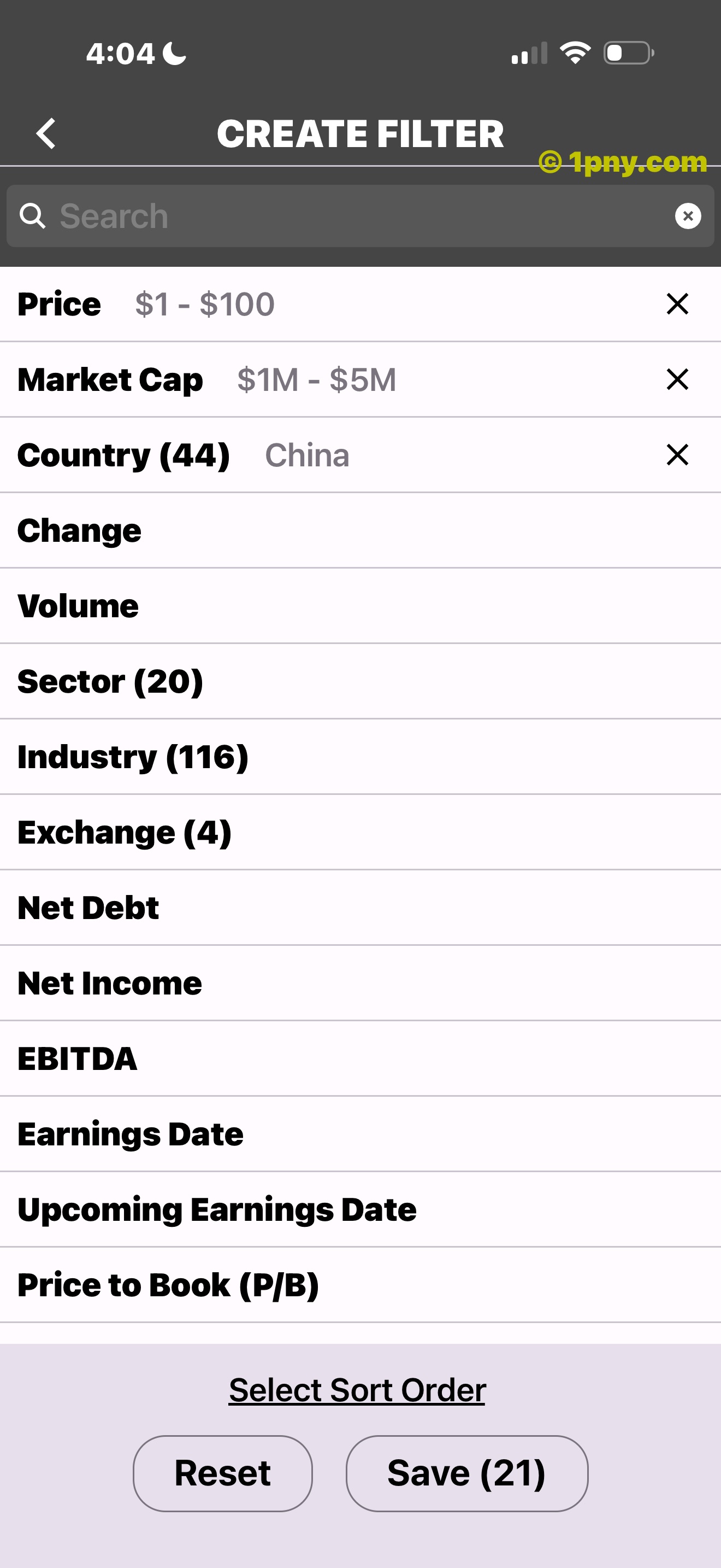 Penny Gems screener with price, market cap, and country criteria