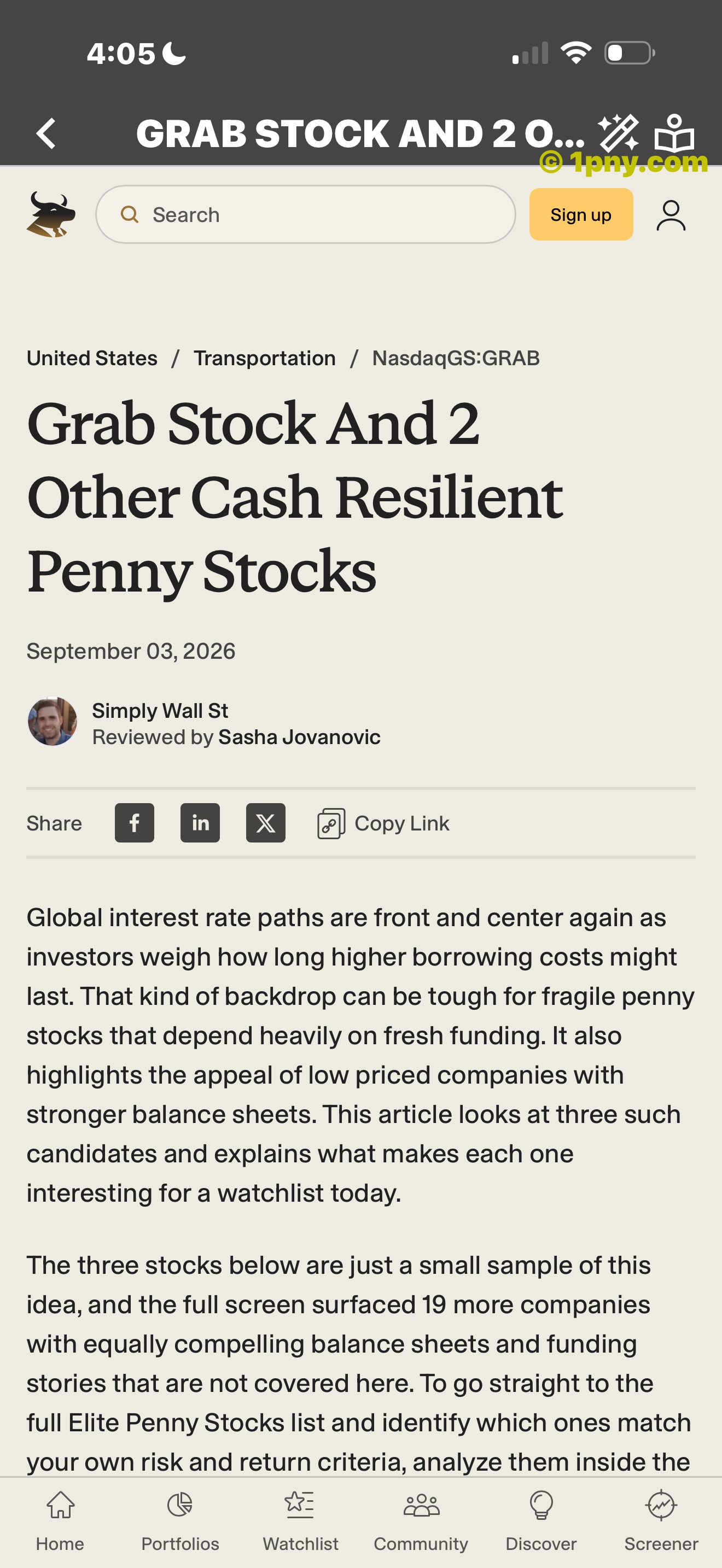 A Penny Gems market-news article opened in the app